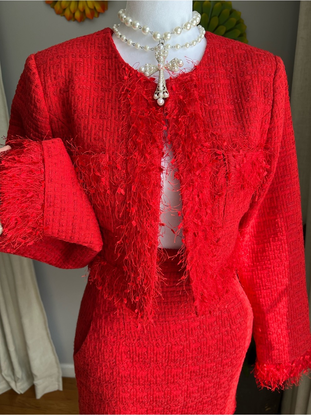 Endless Rose Red Feather Trim Tweed Crop Blazer & Mini Skirt Set Size Small $235 - Picture 4 of 16